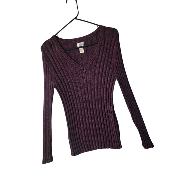 Chico’s Women’s Purple Ribbed Knit Sweater V-Neck Long Sleeve Stretch Size 2 - Picture 2 of 7